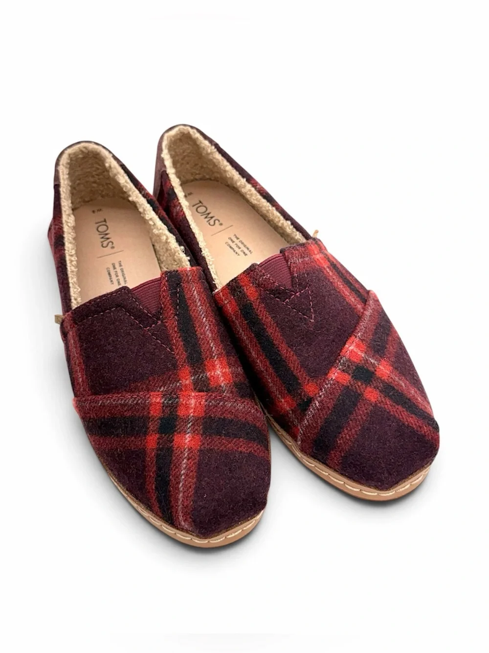 NWOT Toms Red Plaid Alpargatas Leather Wrap Faux Shearling | Women’s Size 8